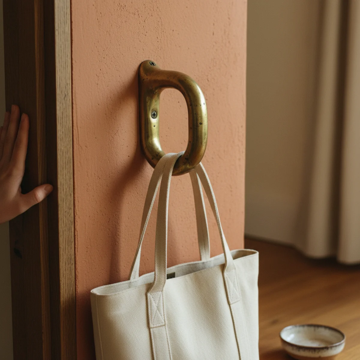 Entryway decor — heavy-duty aged brass catch hook mounted at 44 inches above floor holding a leather work bag in a warm entryway — Home Decor Aura
