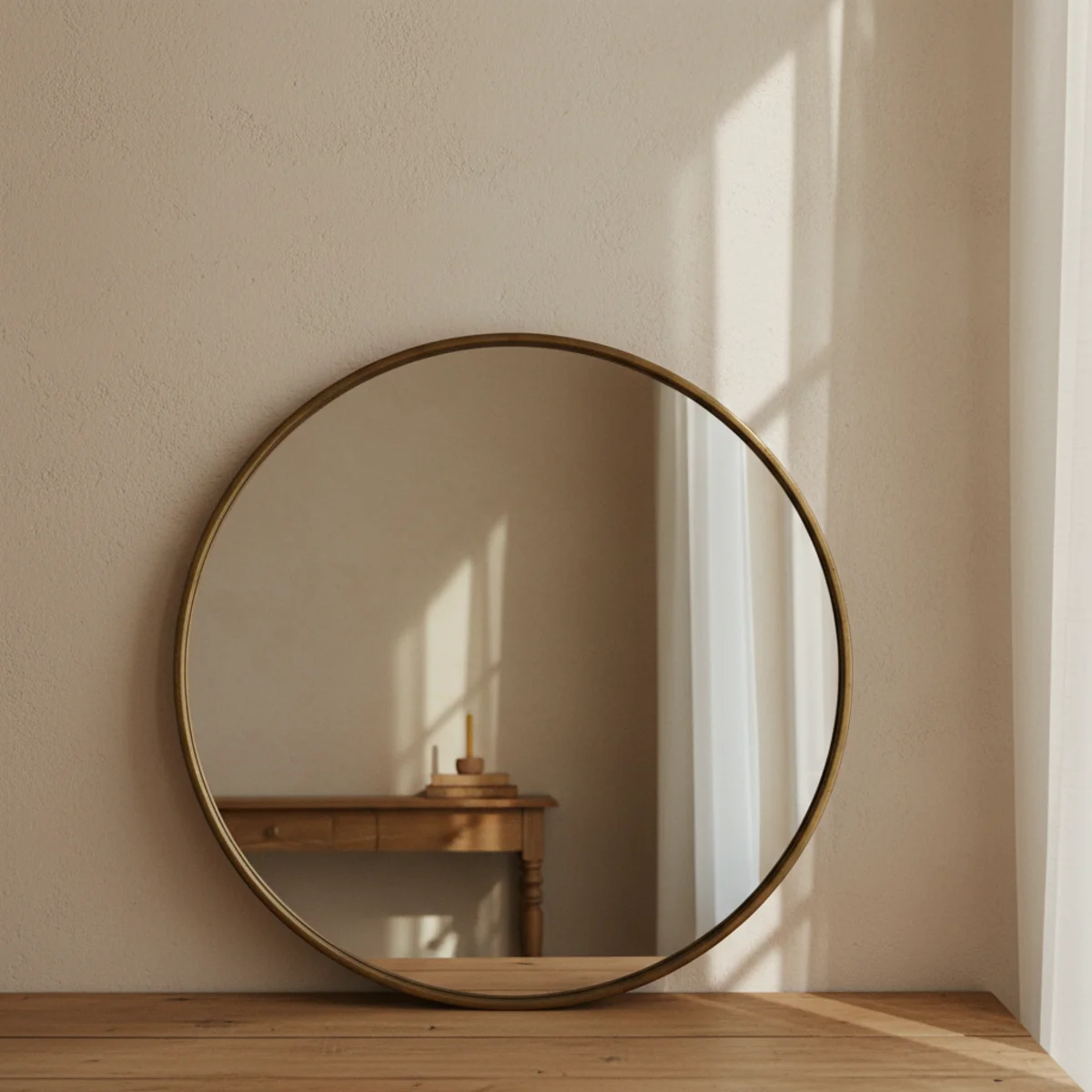 Entryway decor — oversized 36-inch round mirror in aged brass frame hung above a slim console reflecting natural light in a warm entryway — Home Decor Aura