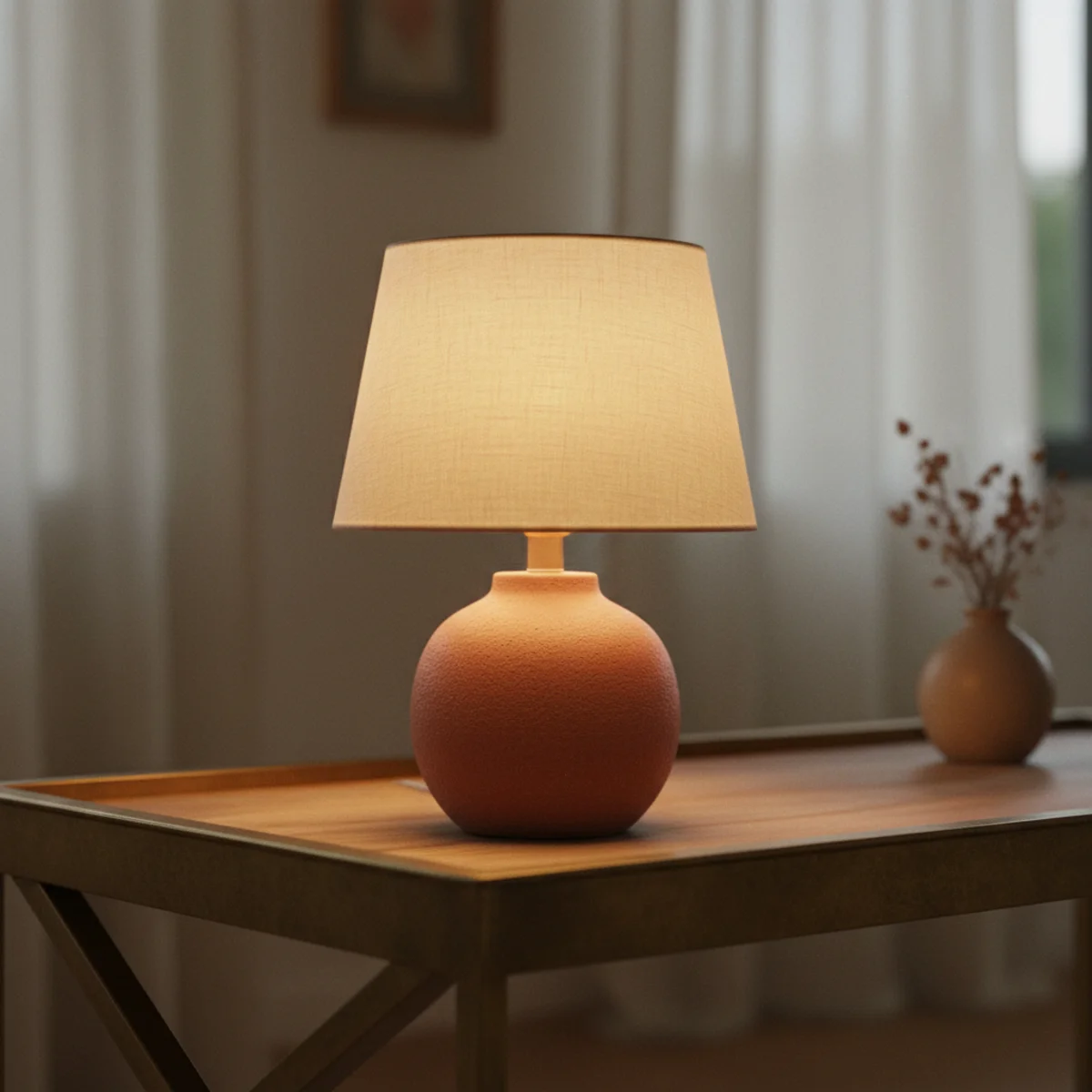 Entryway decor — small brass table lamp glowing warm 2700K light on an entryway console in evening light when arriving home — Home Decor Aura