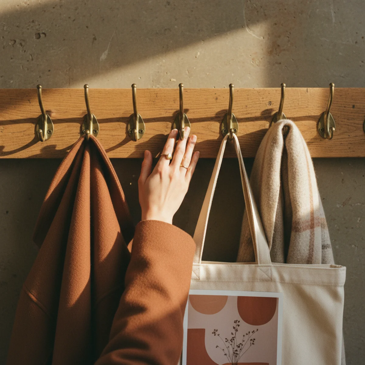 Entryway decor — row of five aged brass hooks at 62 inches above floor holding adult coats in a warm entryway — Home Decor Aura