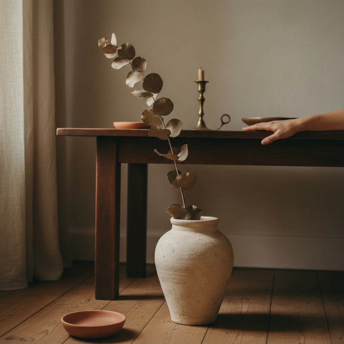 Entryway decor — tall vase of dried eucalyptus branches beside an entryway console with small succulent in terracotta pot on the console — Home Decor Aura