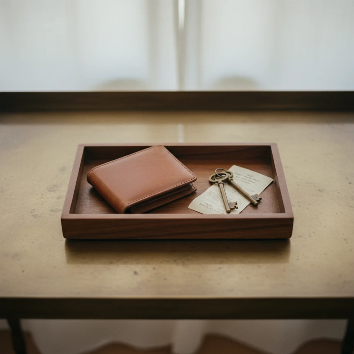 Entryway decor — small oiled walnut catch-all tray on one end of an entryway console holding keys, sunglasses, and lip balm beside styled objects — Home Decor Aura