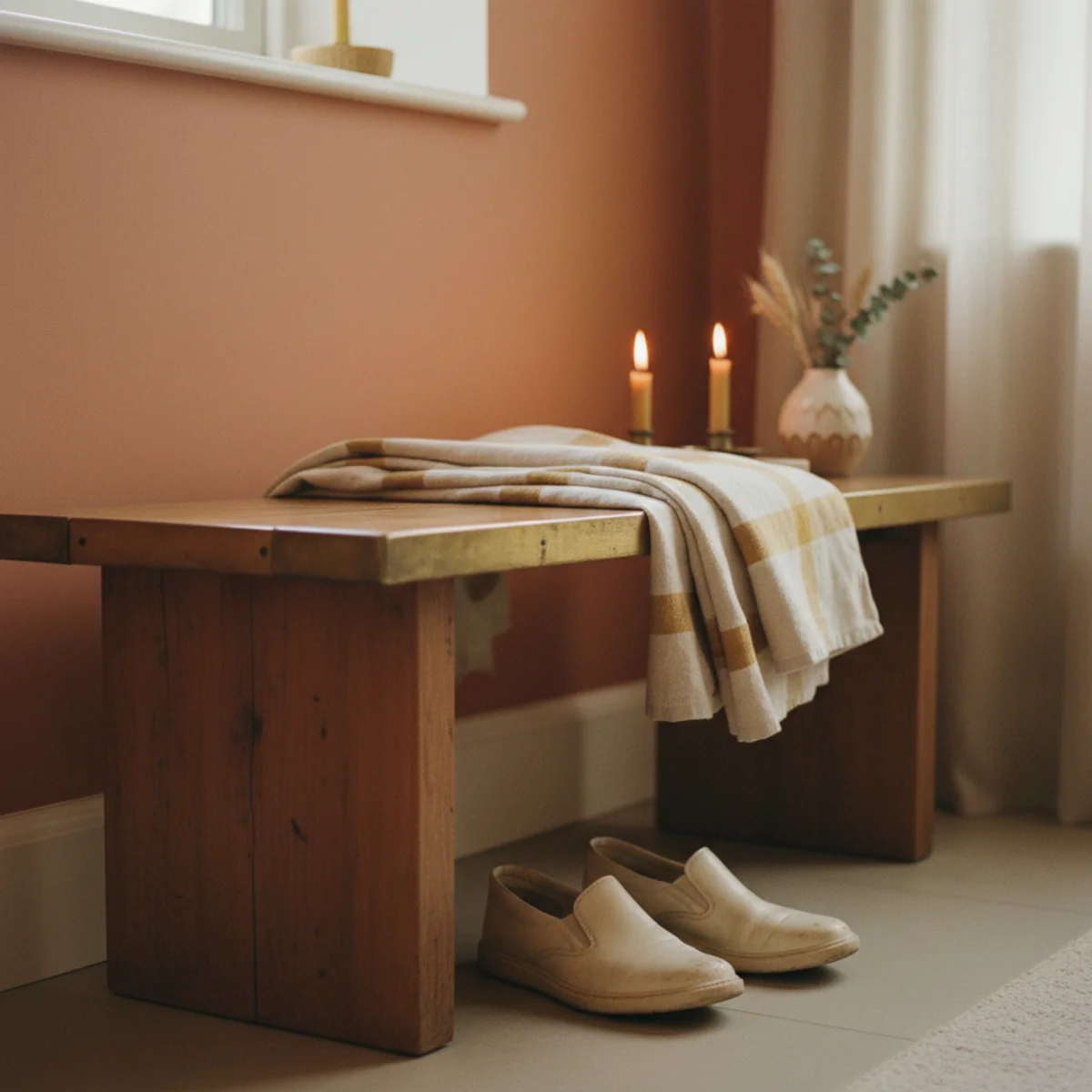 Entryway decor — small upholstered linen bench with wicker basket underneath holding shoes positioned beside an entryway console — Home Decor Aura