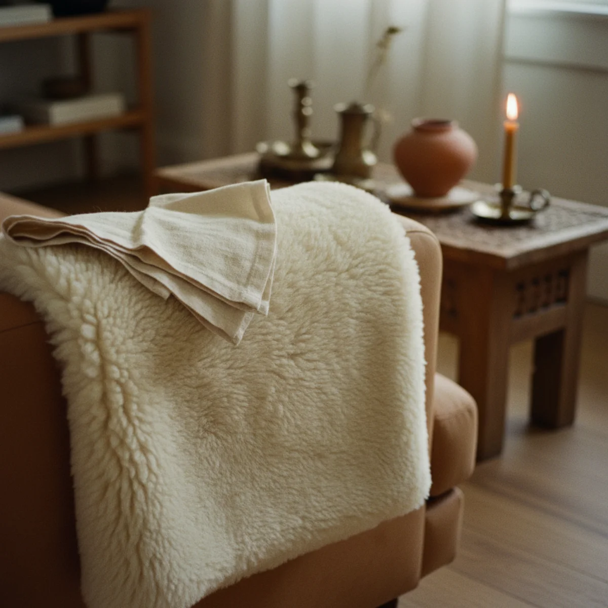 Fall decor ideas — brushed shearling throw in rust draped across a linen sofa beside a warm 2700K lamp — Home Decor Aura