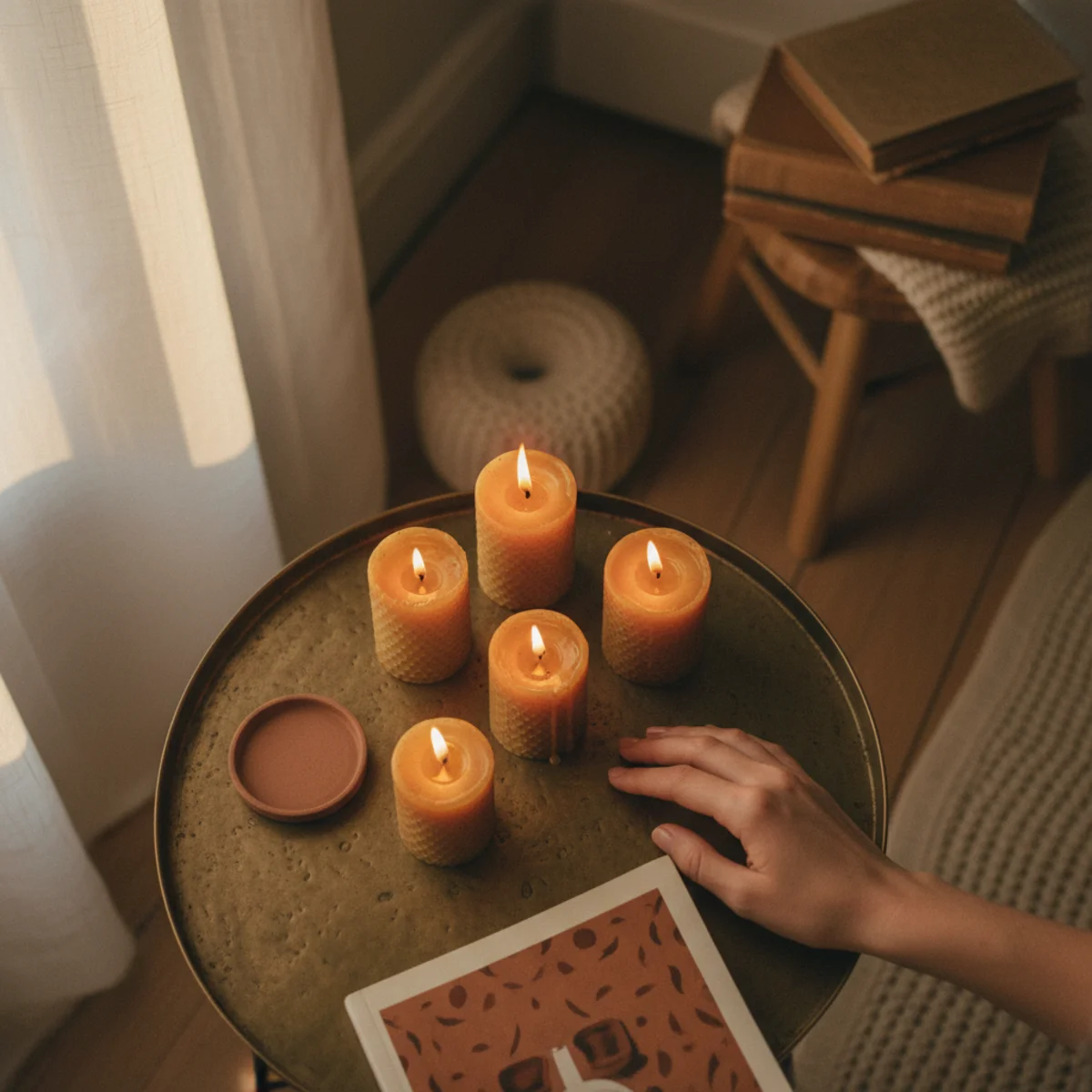 Fall decor ideas — beeswax tapers and tealights lit on a wooden coffee table in golden afternoon light — Home Decor Aura
