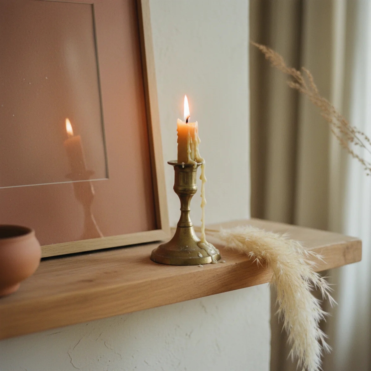 Fall decor ideas — asymmetric mantel with a leaning frame off-center, dried branches, books, and a single taper — Home Decor Aura