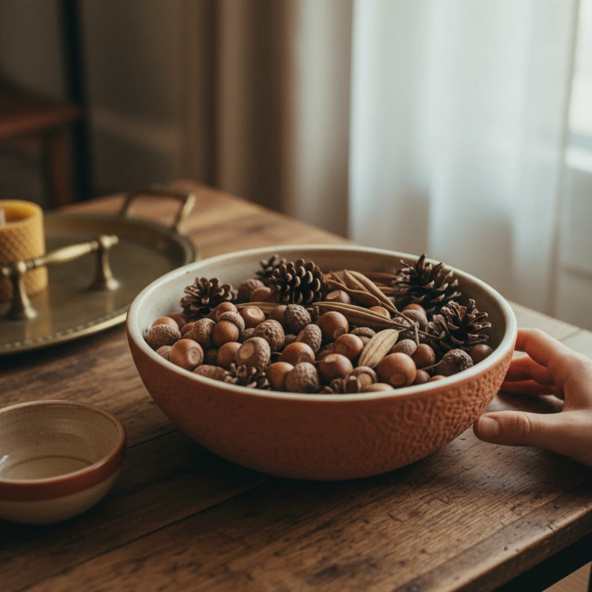Fall decor ideas — heavy wooden bowl filled with acorns pine cones and dried lavender on a coffee table — Home Decor Aura