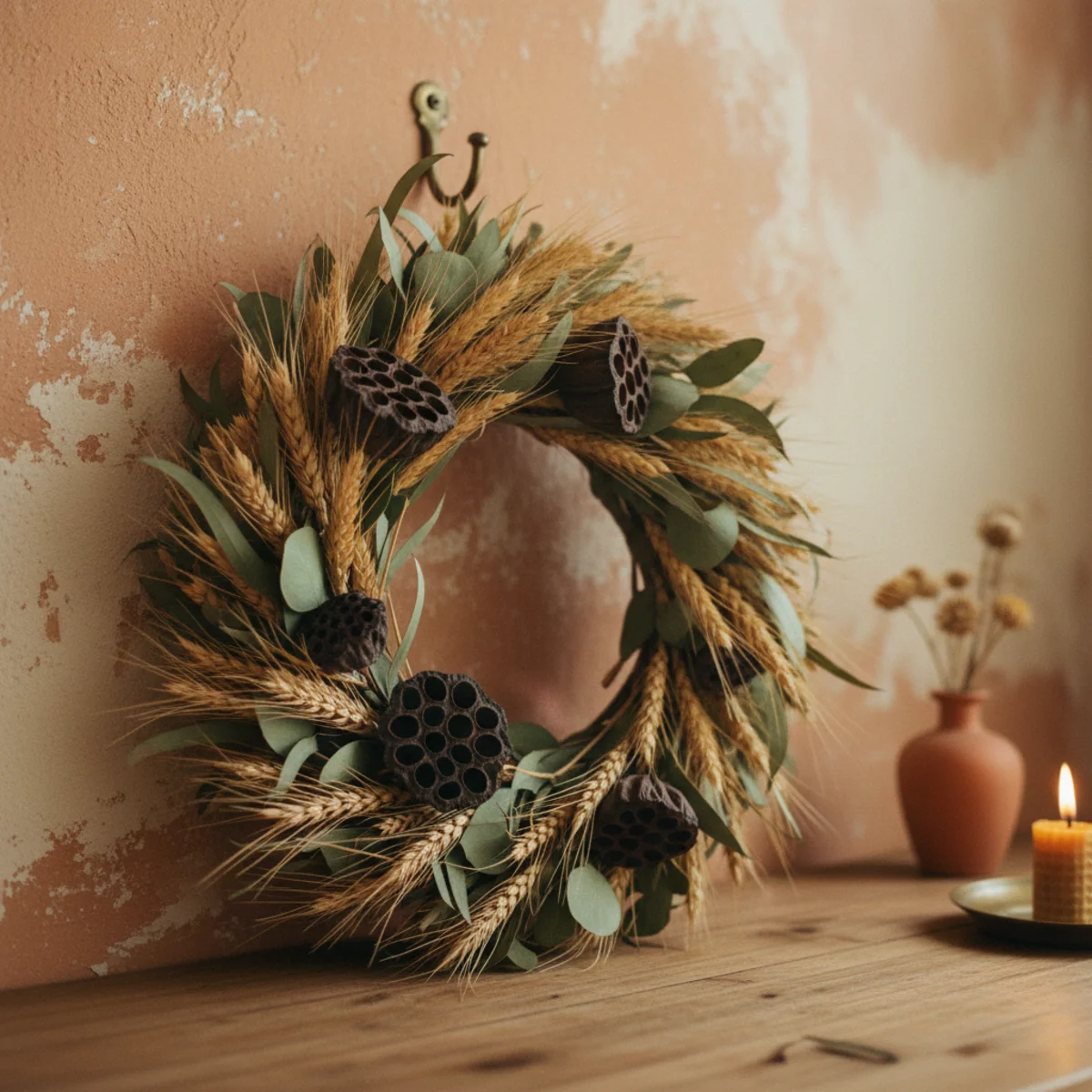 Fall decor ideas — dried botanical wreath of wheat, hydrangea, and lavender on a grapevine base hung in an entryway — Home Decor Aura