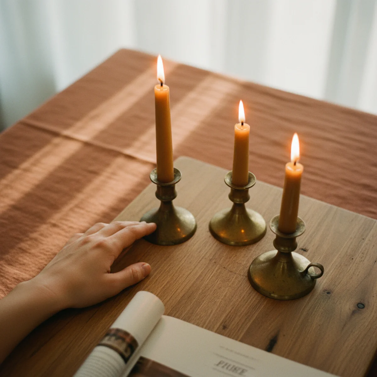Fall decor ideas — three beeswax tapers at varied heights in mismatched brass holders on a wooden table — Home Decor Aura