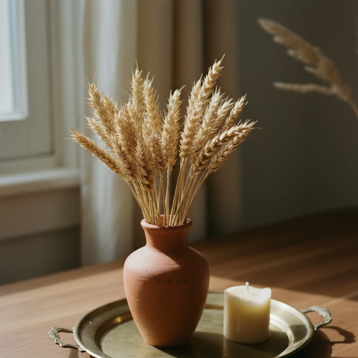 Fall decor ideas — tall dried wheat and eucalyptus stems in a heavy terracotta vase beside a sofa — Home Decor Aura
