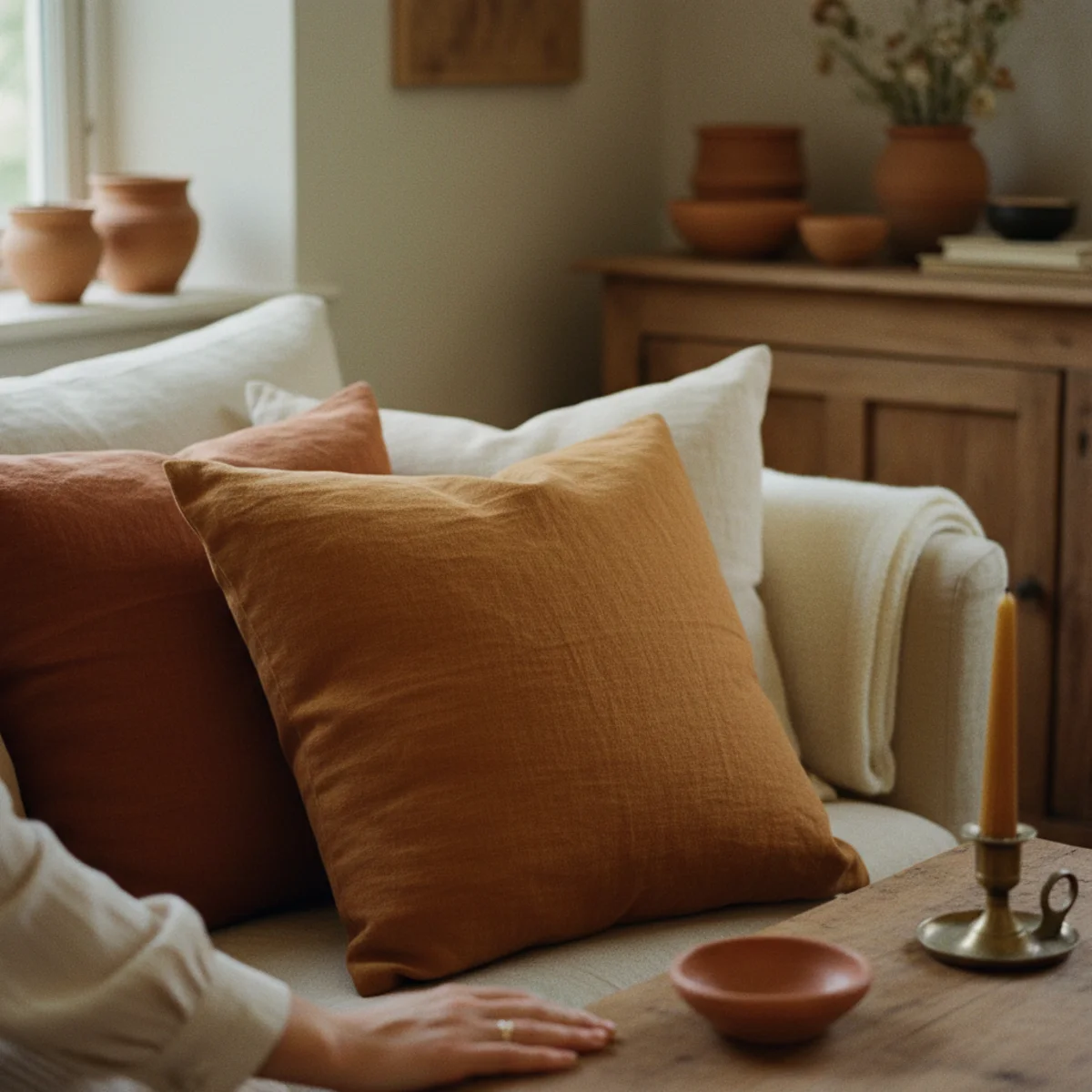 Fall decor ideas — three amber and rust cushion covers layered with two oatmeal covers on a linen sofa — Home Decor Aura