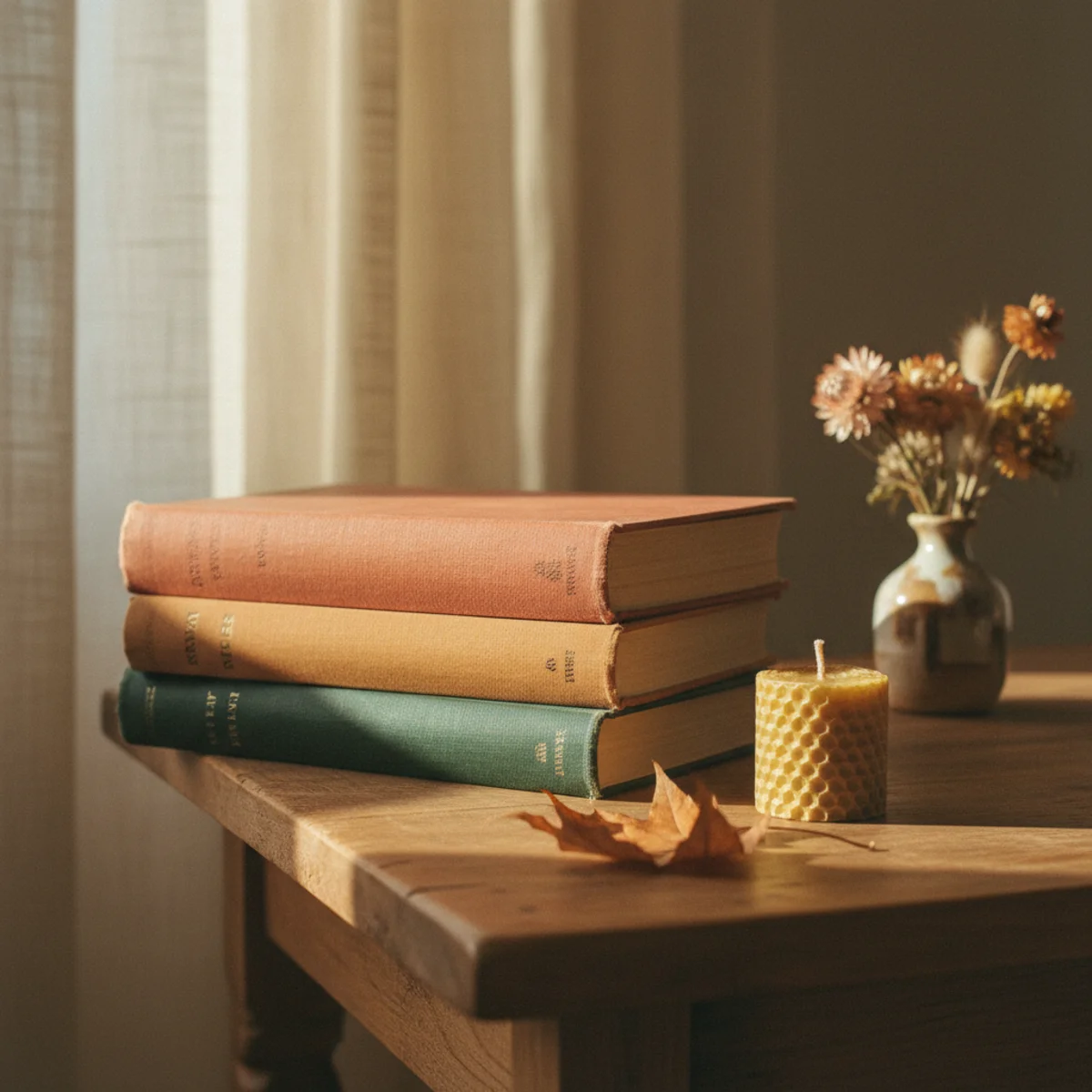 Fall decor ideas — stacked books with rust ochre and mustard spines on a coffee table beside a candle — Home Decor Aura