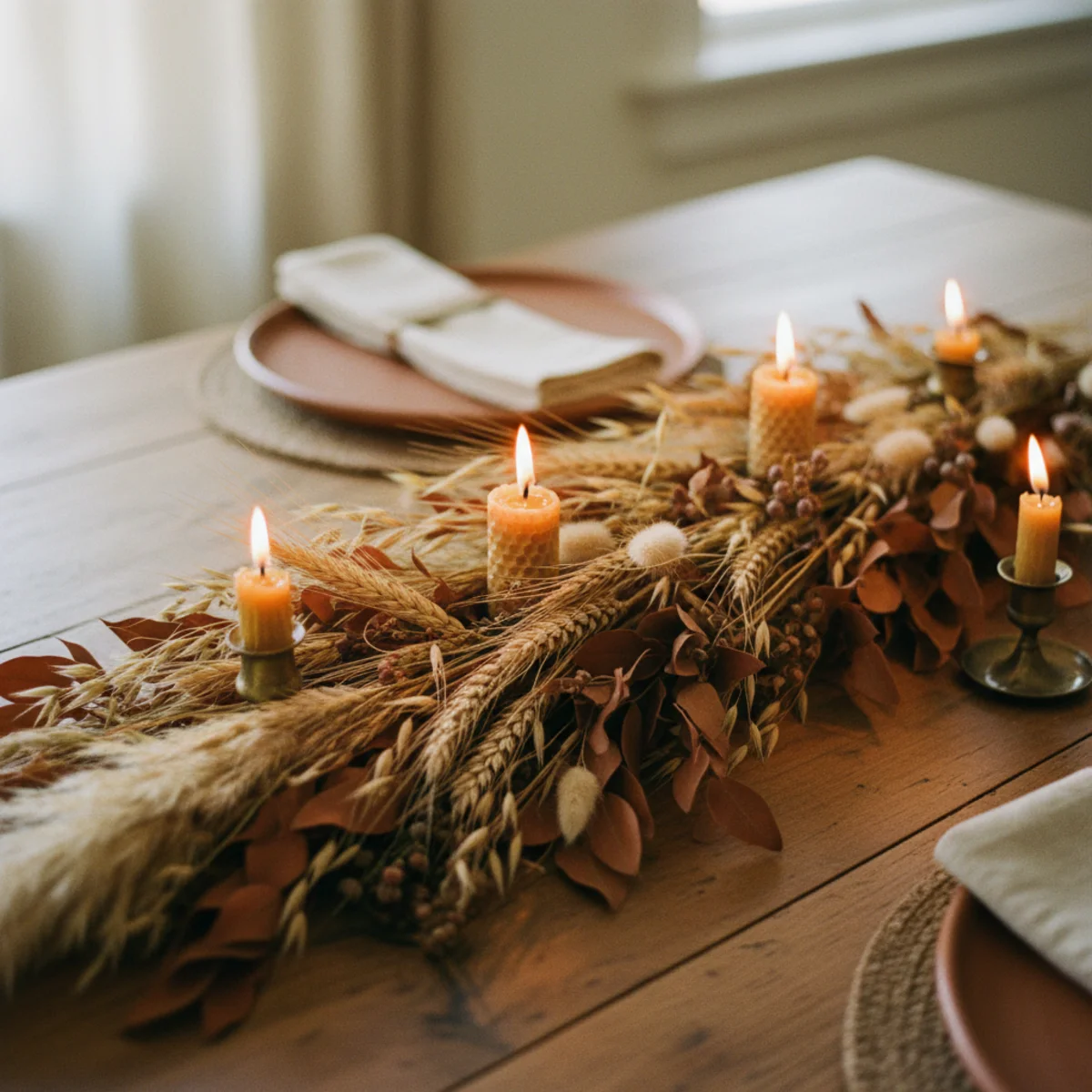 Fall tablescape ideas — dried wheat stalks, preserved autumn leaves, and dried grasses laid in a low horizontal arrangement down a dining table center as fall foliage centerpiece — Home Decor Aura