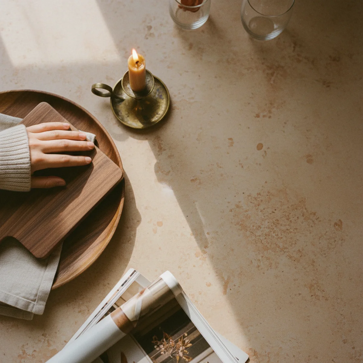 Fall tablescape ideas — fall place setting with walnut charger, brass candlestick, walnut serving board, and wood-handled serving spoon showing the warm material language of fall harvest — Home Decor Aura