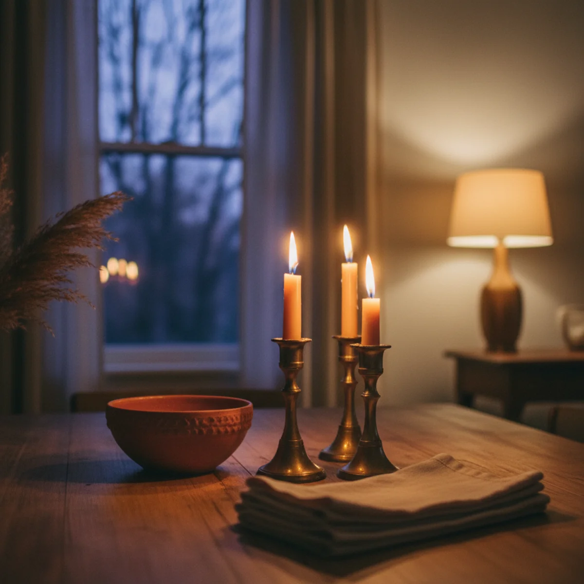 Fall tablescape ideas — fall dining table lit primarily by amber beeswax candles against a darkened autumn evening room with warm lamp glow in the adjacent living space — Home Decor Aura
