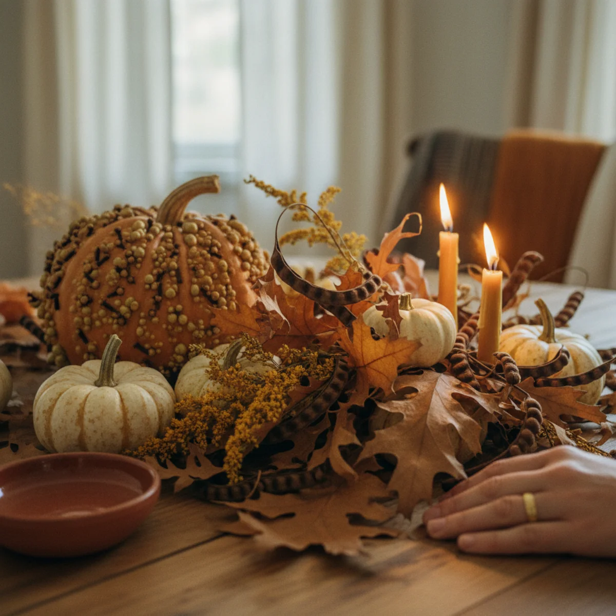 Fall tablescape ideas — fully set fall table showing abundant natural materials including dried foliage, heirloom pumpkins, seed pods, amber candles, and clove-studded fruits all from natural sources — Home Decor Aura