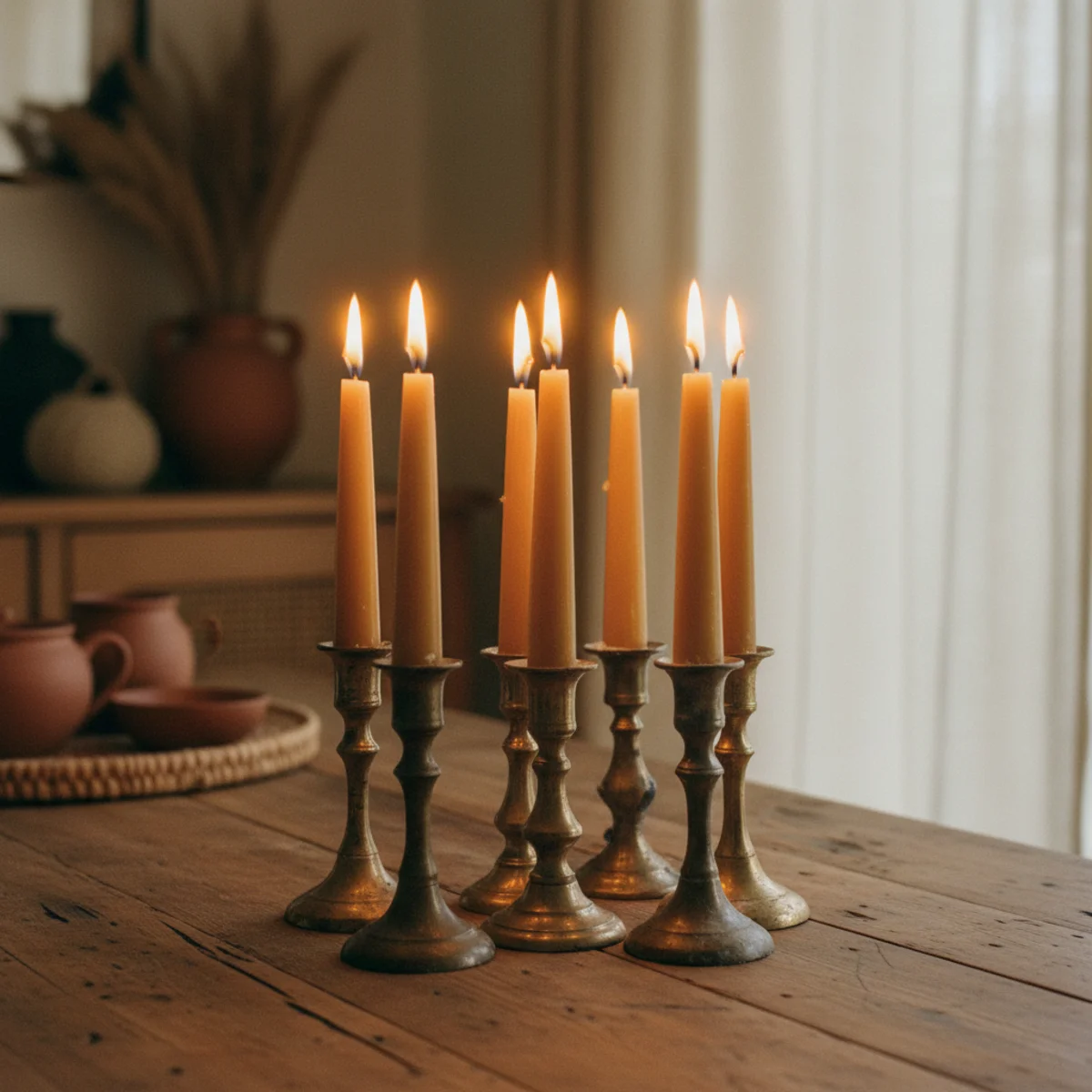 Fall tablescape ideas — cluster of beeswax tapers in honey-amber tone in vintage brass holders with amber glass votives along dried foliage centerpiece on fall dining table — Home Decor Aura