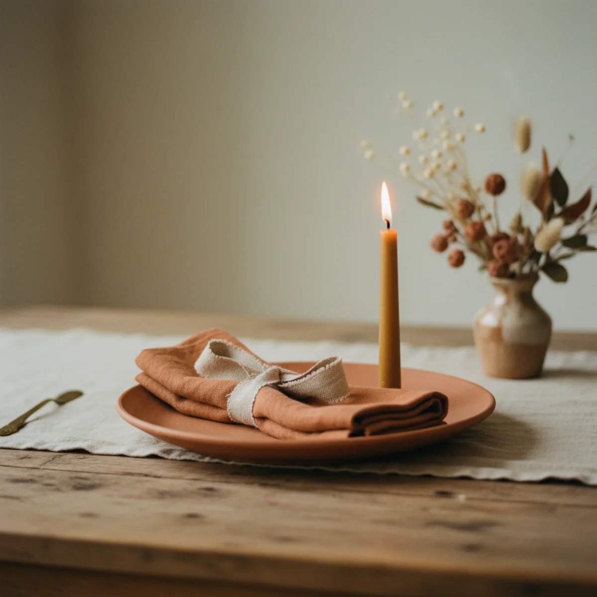 Fall tablescape ideas — fall dining table with oat linen runner, terracotta plates, warm rust napkins, ochre candles, and natural wood board showing the warm earthy fall palette — Home Decor Aura