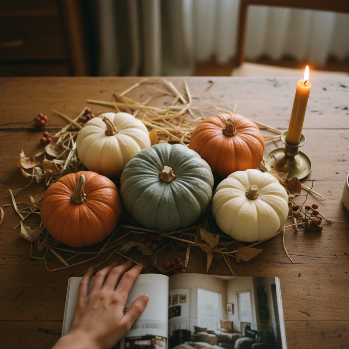 Fall tablescape ideas — small heirloom pumpkins including blue Jarrahdale, cream Lumina, and terracotta Cinderella nestled among dried foliage on fall dining table — Home Decor Aura