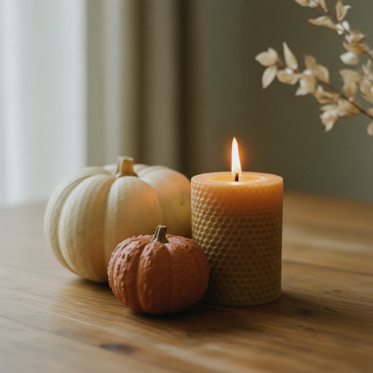 Fall tablescape ideas — fall dining table with full abundant centerpiece of dried foliage, small pumpkins, candles, and seed pods all below 14 inches preserving conversation sightlines — Home Decor Aura