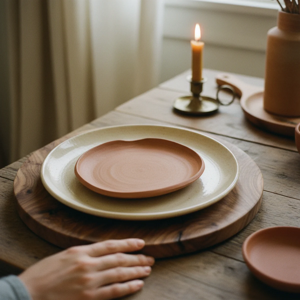 Fall tablescape ideas — fall place setting with walnut wooden charger, cream stoneware dinner plate, and hand-thrown terracotta-glazed accent plate showing collected earthy fall ceramic dishware — Home Decor Aura