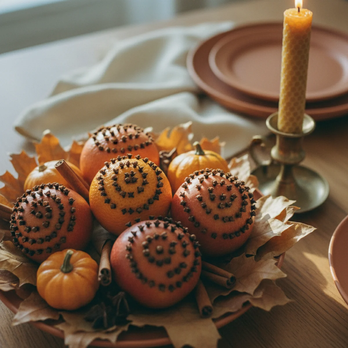 Fall tablescape ideas — small clove-studded apples and oranges nestled among dried foliage and heirloom pumpkins on a fall dining table — Home Decor Aura