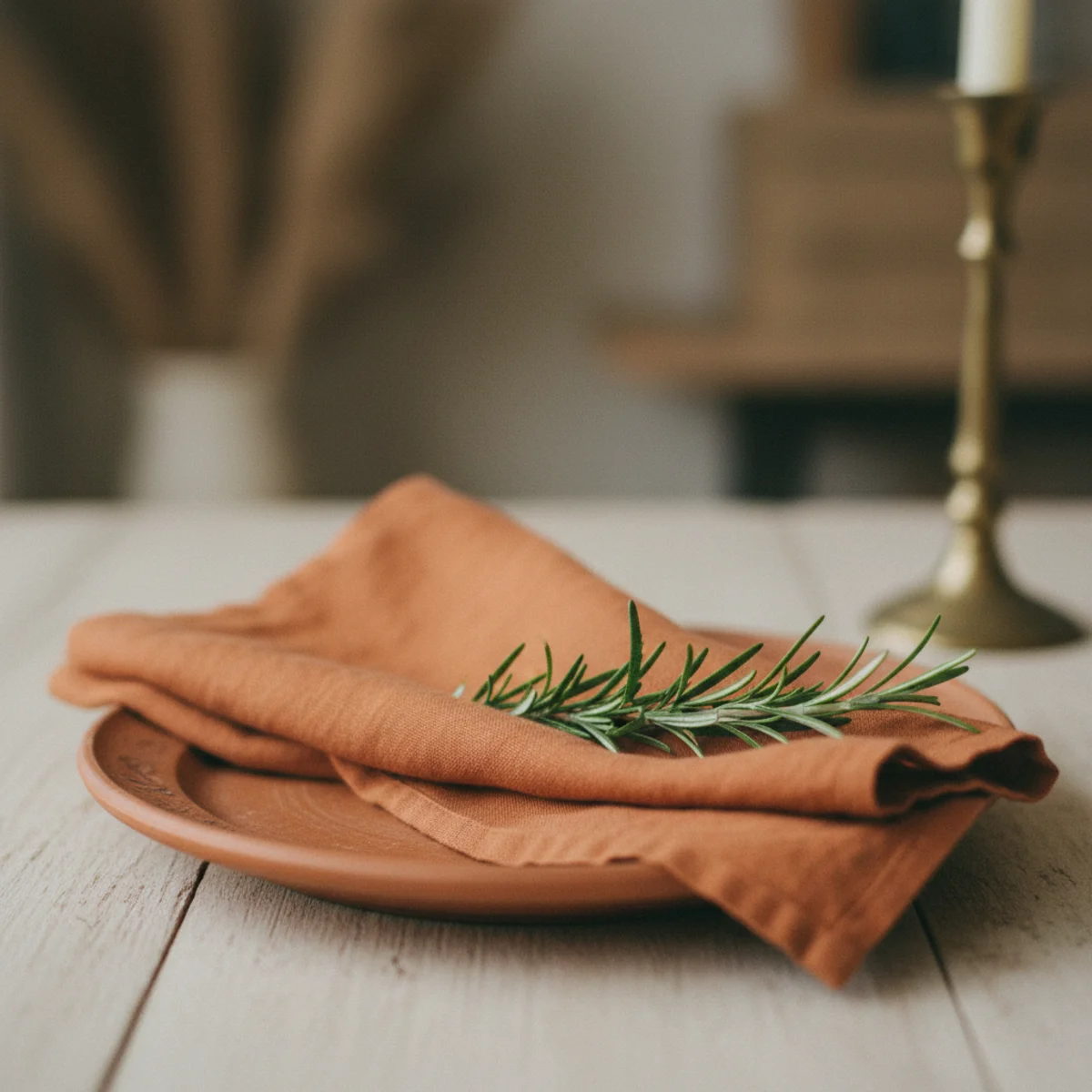Fall tablescape ideas — warm rust washed linen napkin loosely folded with fresh rosemary sprig tucked into the fold as individual place setting gesture — Home Decor Aura