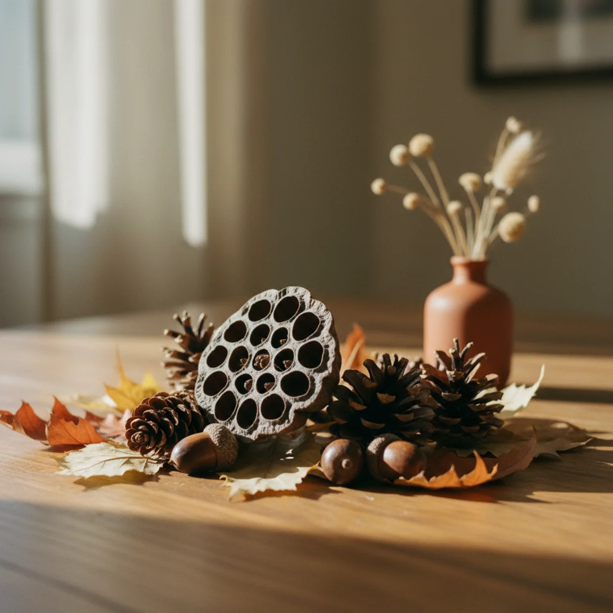 Fall tablescape ideas — dried lotus pods, varied pinecones, and acorns scattered throughout the dried foliage centerpiece on a fall dining table adding organic texture at zero cost — Home Decor Aura