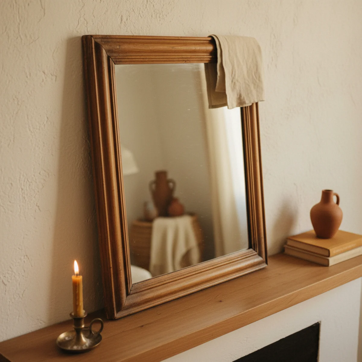Fireplace mantel decor — large 40-inch vintage gilded round mirror leaning against the wall behind a wooden mantel with bottom edge resting on the mantel surface — Home Decor Aura