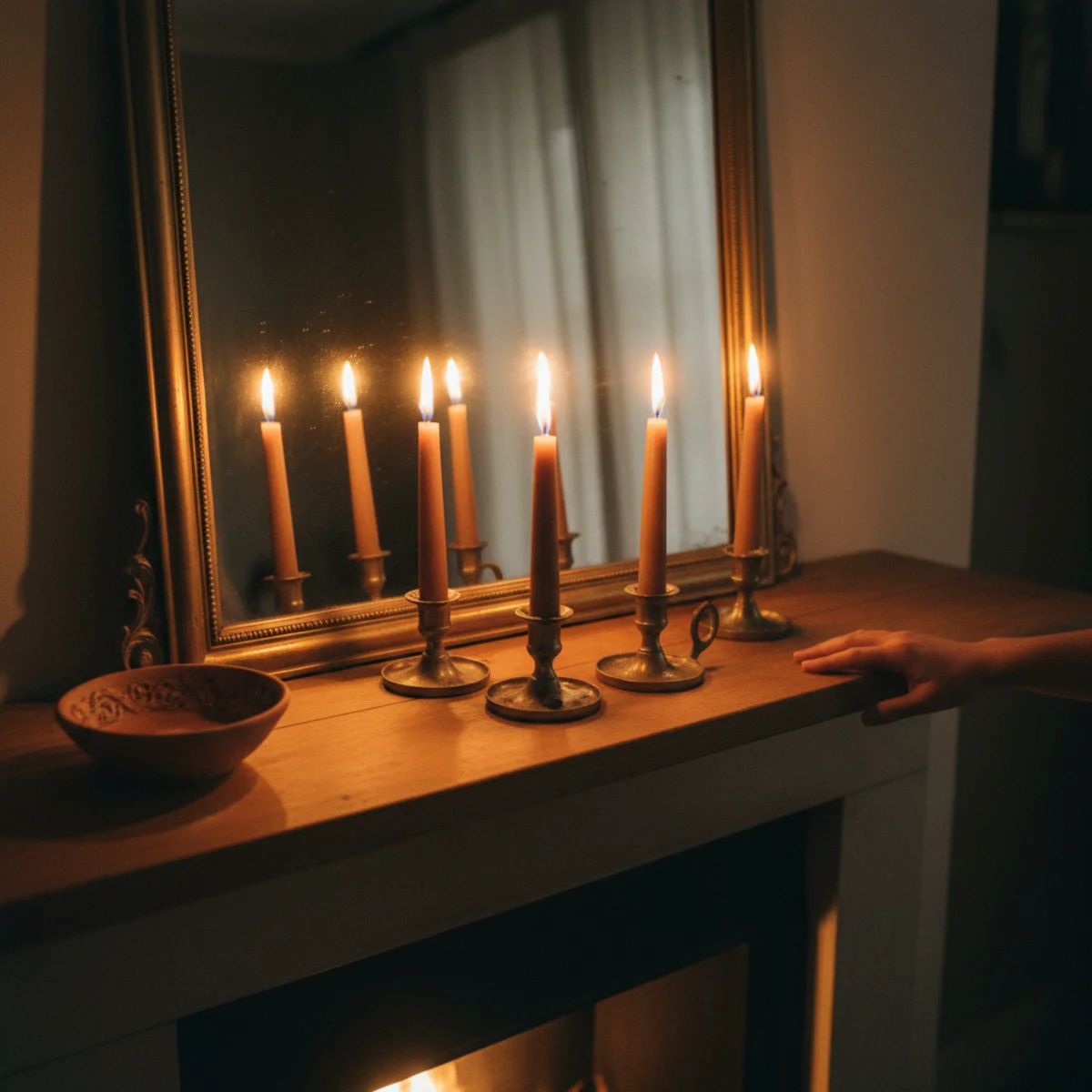 Fireplace mantel decor — mantel at night with lit beeswax tapers in brass candlesticks reflected in leaning mirror and glowing across brass surfaces during evening hours — Home Decor Aura