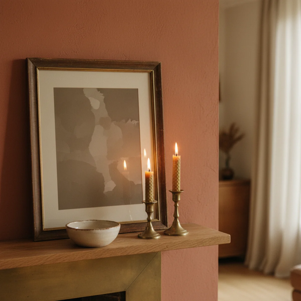 Fireplace mantel decor — mantel composition with tall branch in vase, medium pillar candles, and low stacked books and bowl creating three distinct height planes — Home Decor Aura
