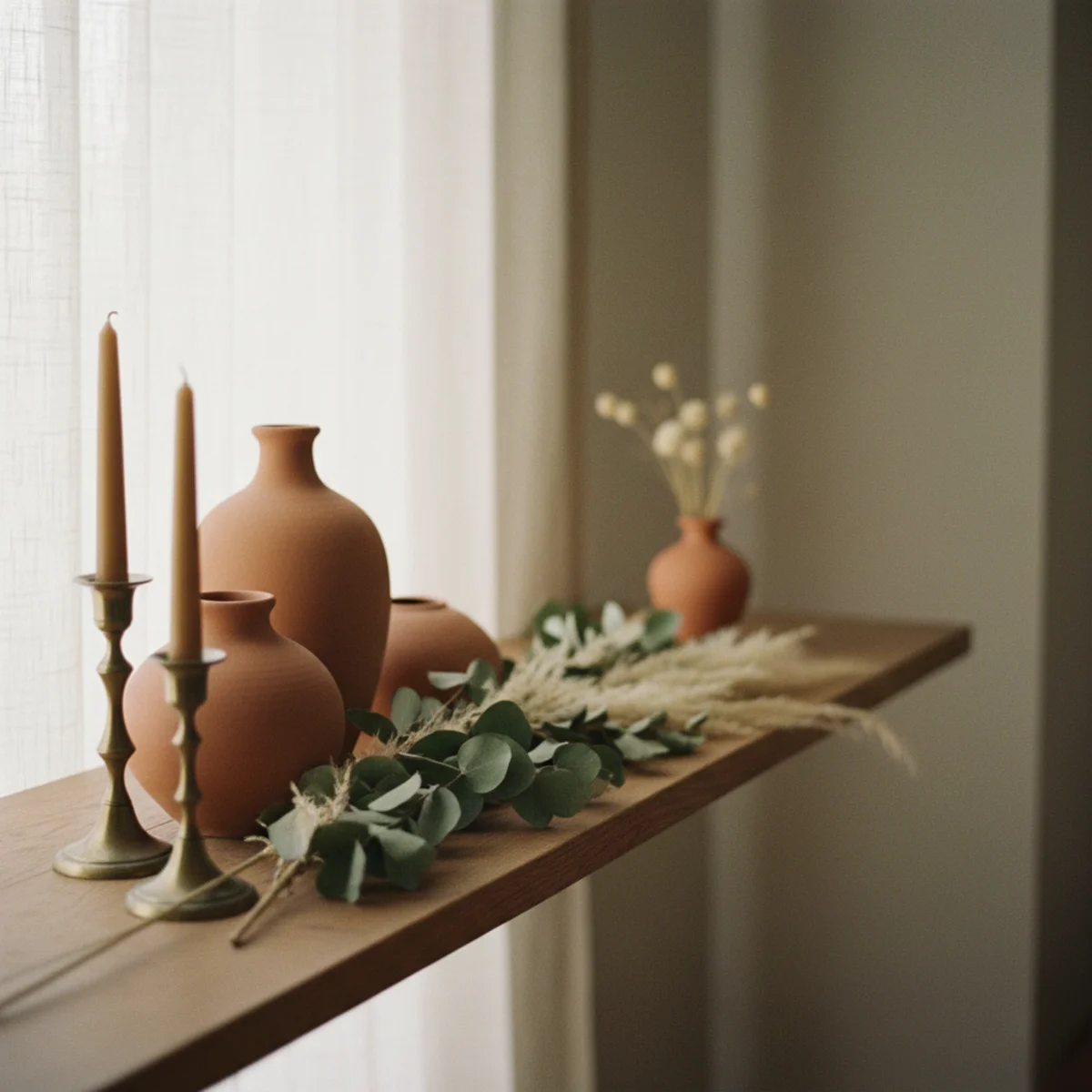 Fireplace mantel decor — mantel arrangement with brass candlestick cluster, ceramic vessel, and stacked books concentrated on left side and single tall branch in vase balancing on right side — Home Decor Aura