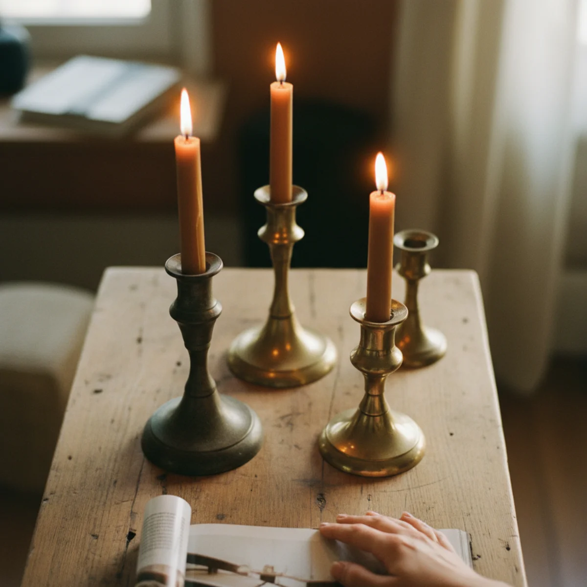 Fireplace mantel decor — cluster of five vintage brass candlesticks at varying heights with beeswax tapers positioned on the heavy side of a wooden mantel — Home Decor Aura
