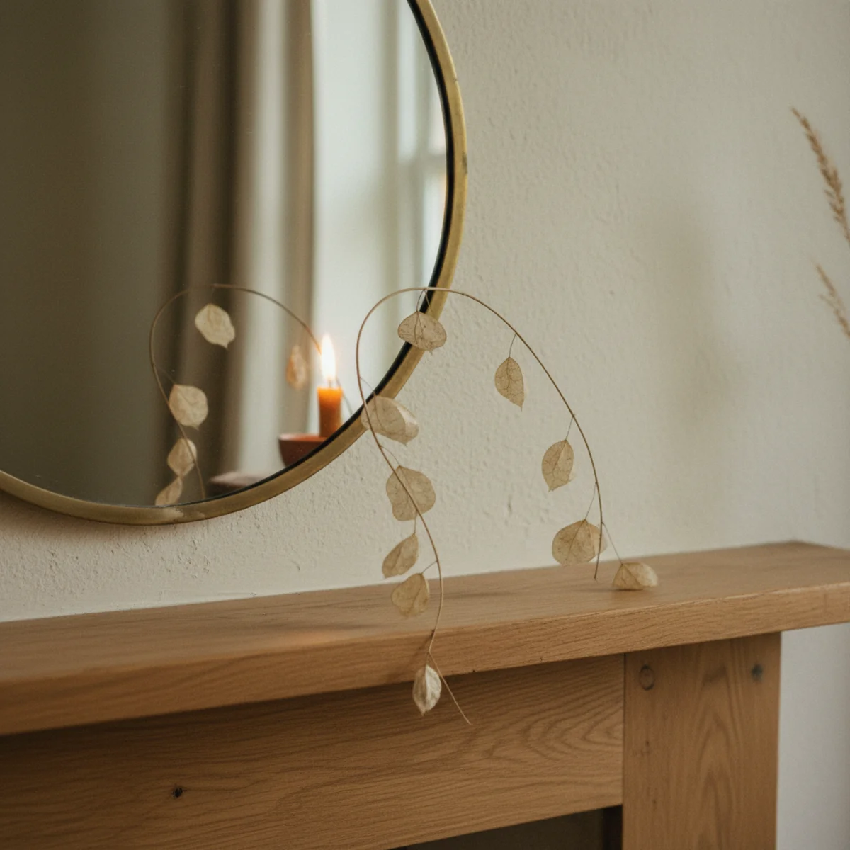 Fireplace mantel decor — tall branch in vase positioned so branches reach across lower portion of leaning mirror creating layered depth in mantel composition — Home Decor Aura