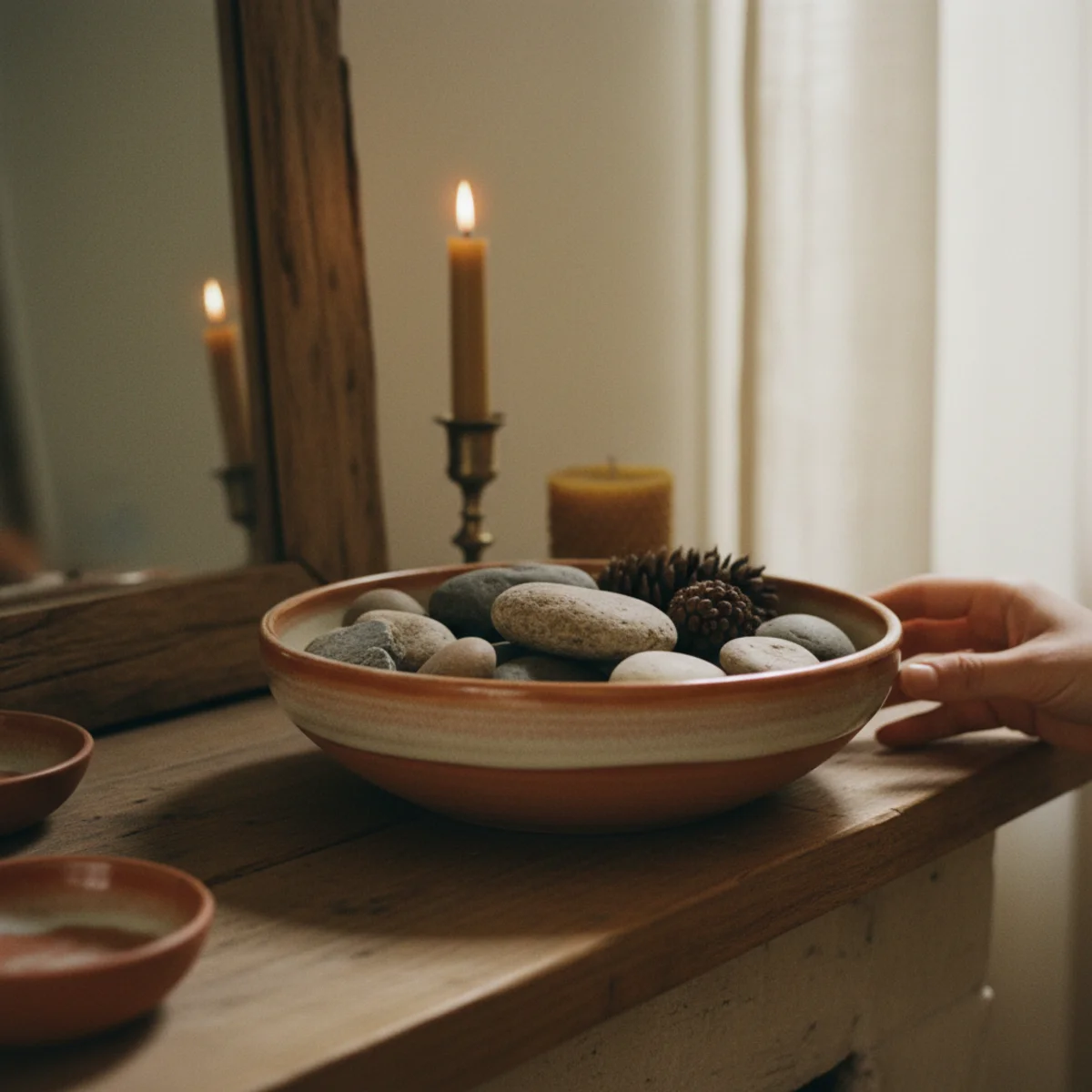 Fireplace mantel decor — low wooden bowl filled with pine cones and cinnamon sticks positioned on the mantel surface near the brass candlestick cluster — Home Decor Aura