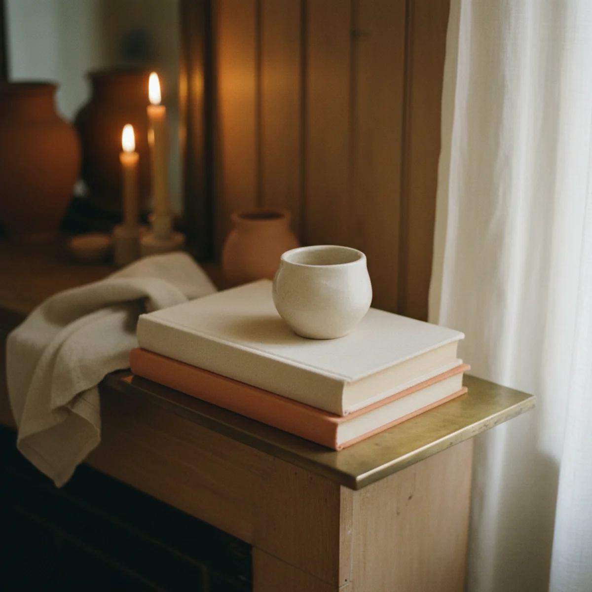 Fireplace mantel decor — stack of three leather-bound vintage books with brass candlestick on top creating elevated height and warm character on mantel — Home Decor Aura
