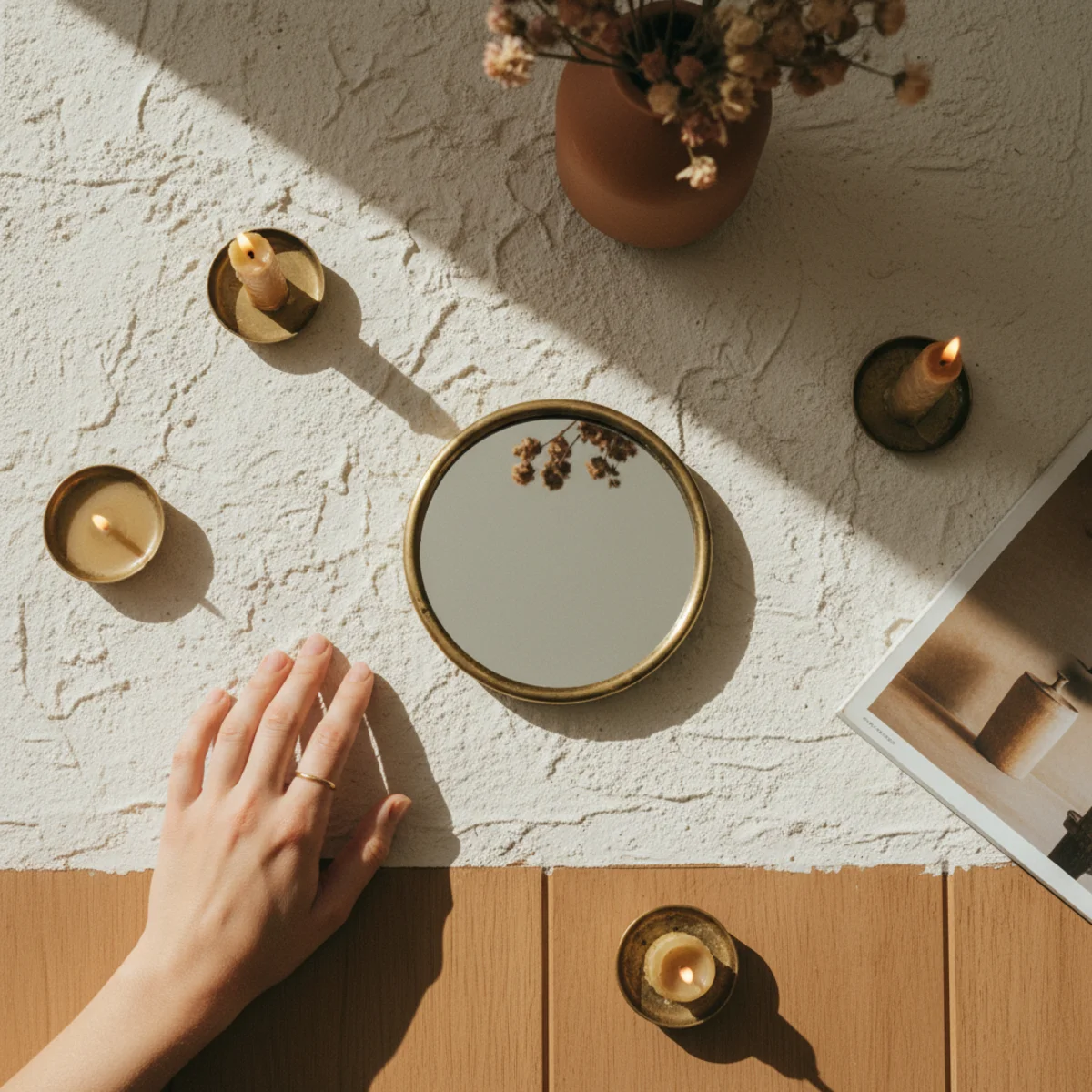 Gallery wall ideas — gallery wall with one small round mirror integrated among framed art pieces breaking the visual monotony of flat rectangles — Home Decor Aura