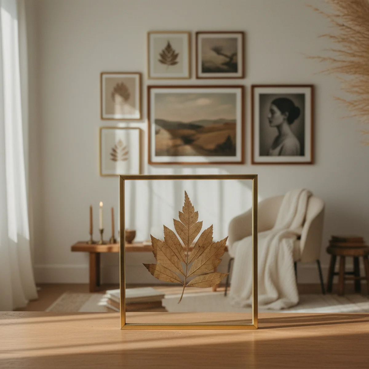 Gallery wall ideas — gallery wall with diverse art subjects all framed in matching warm oak frames creating cohesive curated composition — Home Decor Aura
