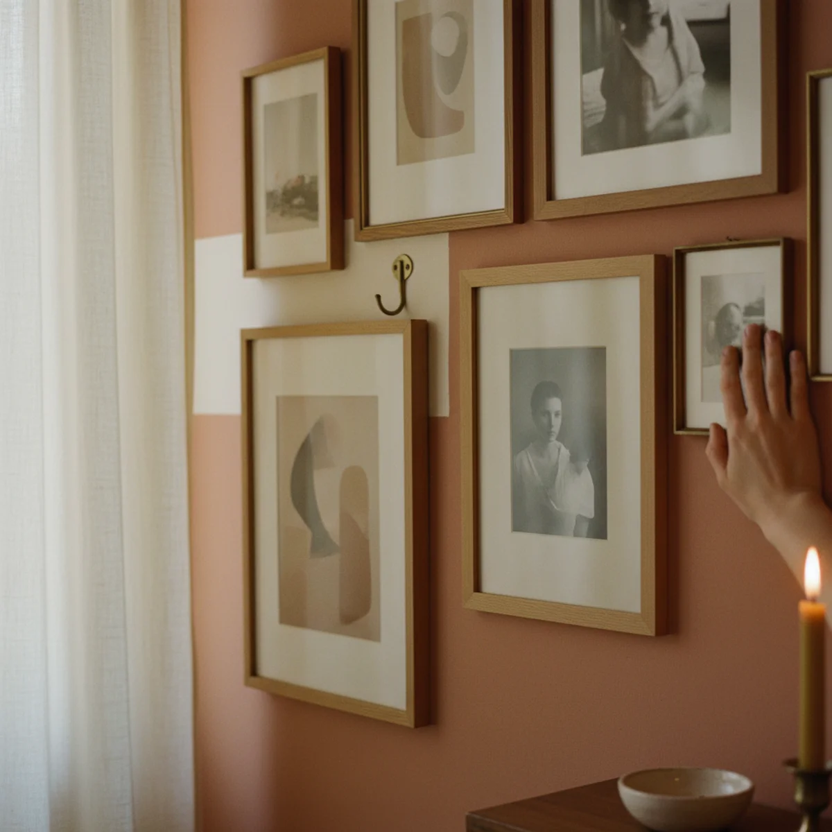 Gallery wall ideas — gallery wall that has grown over time with mix of older inherited pieces and newer thrifted additions all in matching warm frames — Home Decor Aura
