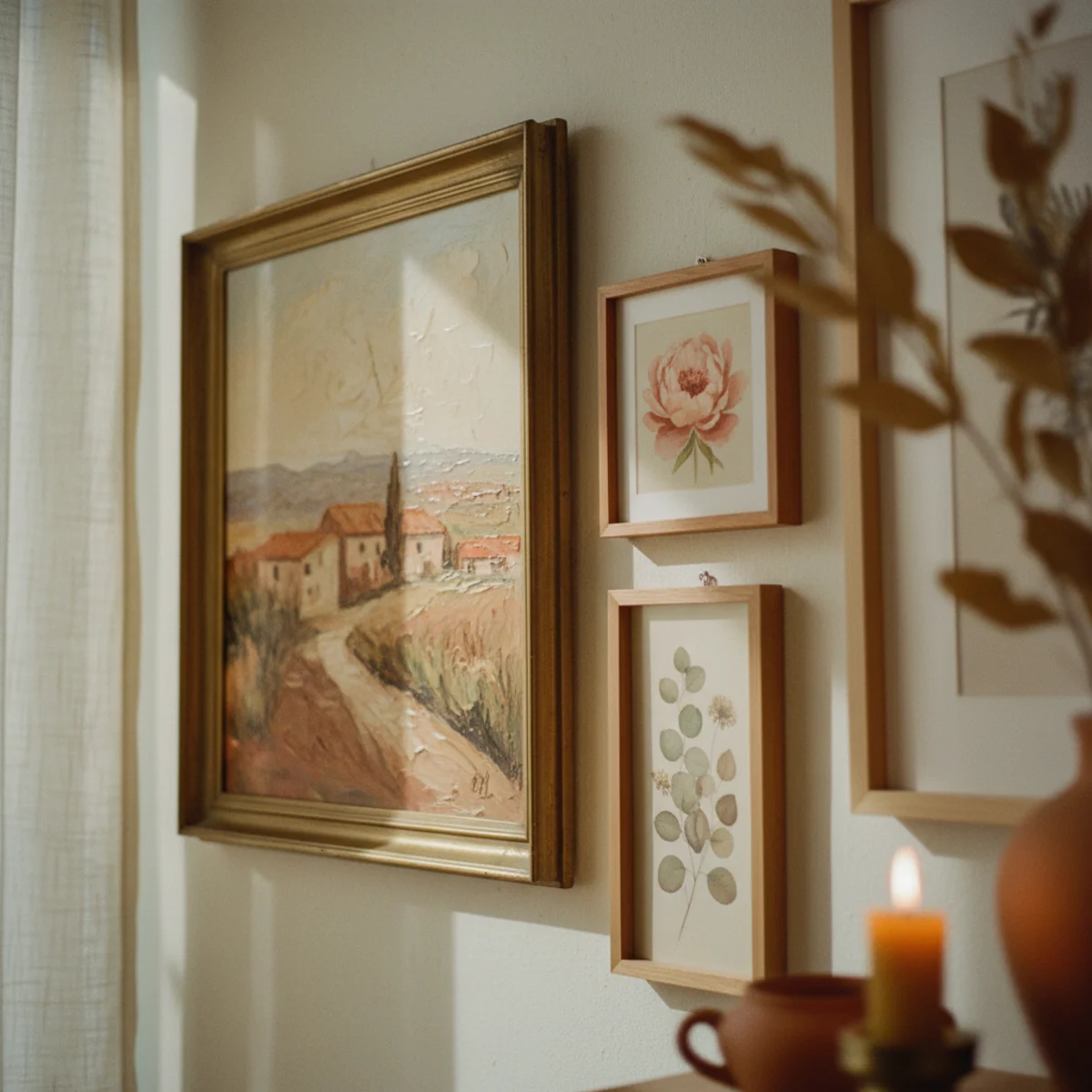 Gallery wall ideas — gallery wall with mixed frame sizes including one large anchor piece, medium frames, and small pieces all unified by matching warm wood frames — Home Decor Aura