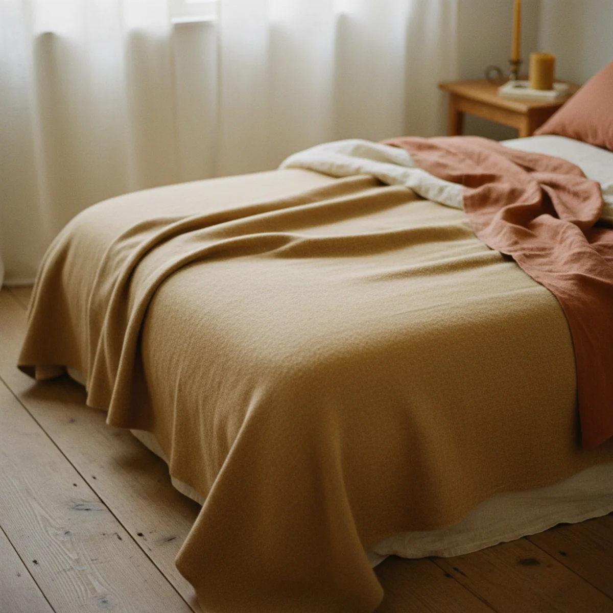 Guest bedroom decor — wool throw folded at the foot of a layered guest bed beside extra blanket visible in open closet shelf — Home Decor Aura