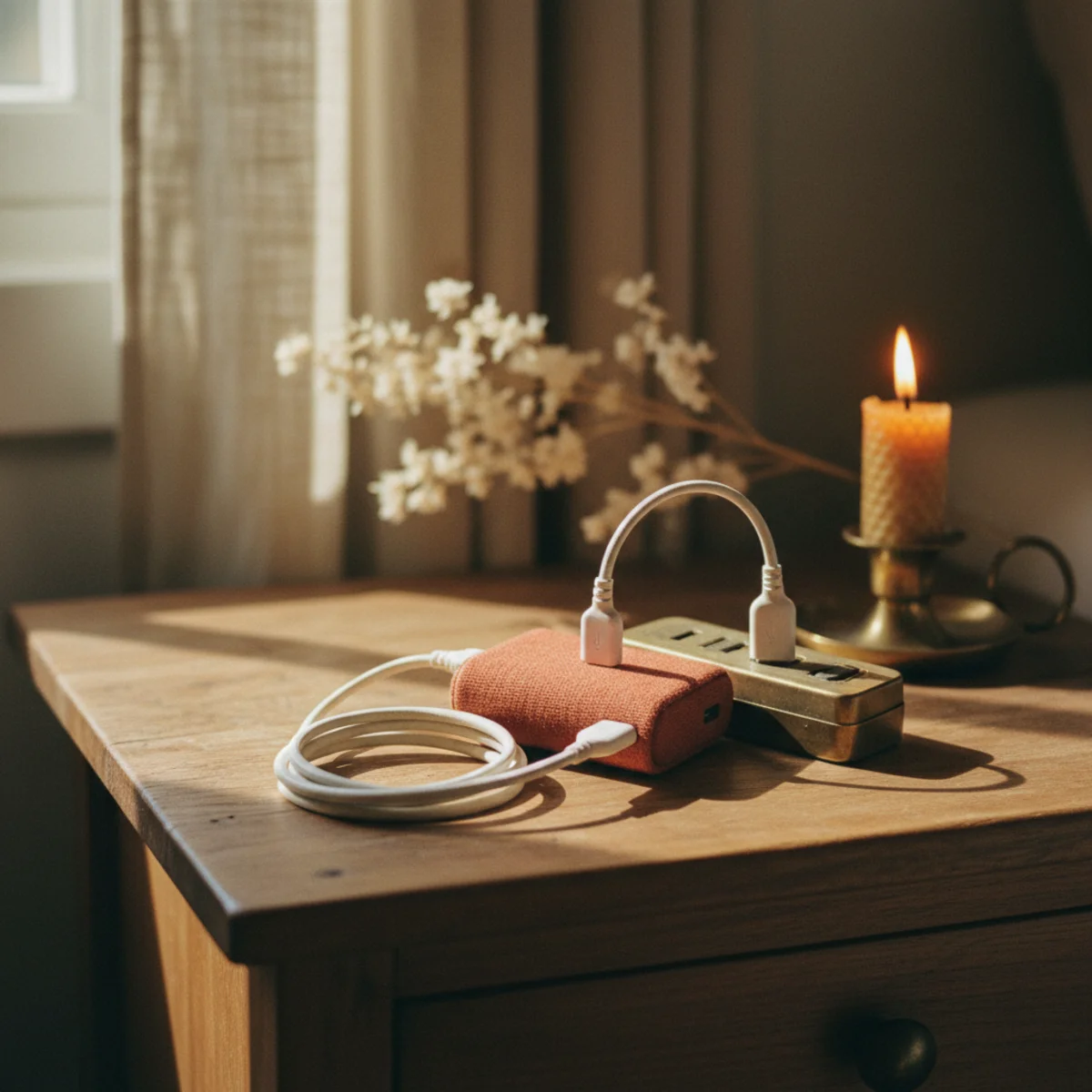 Guest bedroom decor — small charging station with power strip including USB-A and USB-C ports beside guest bedside table in a warm guest bedroom — Home Decor Aura