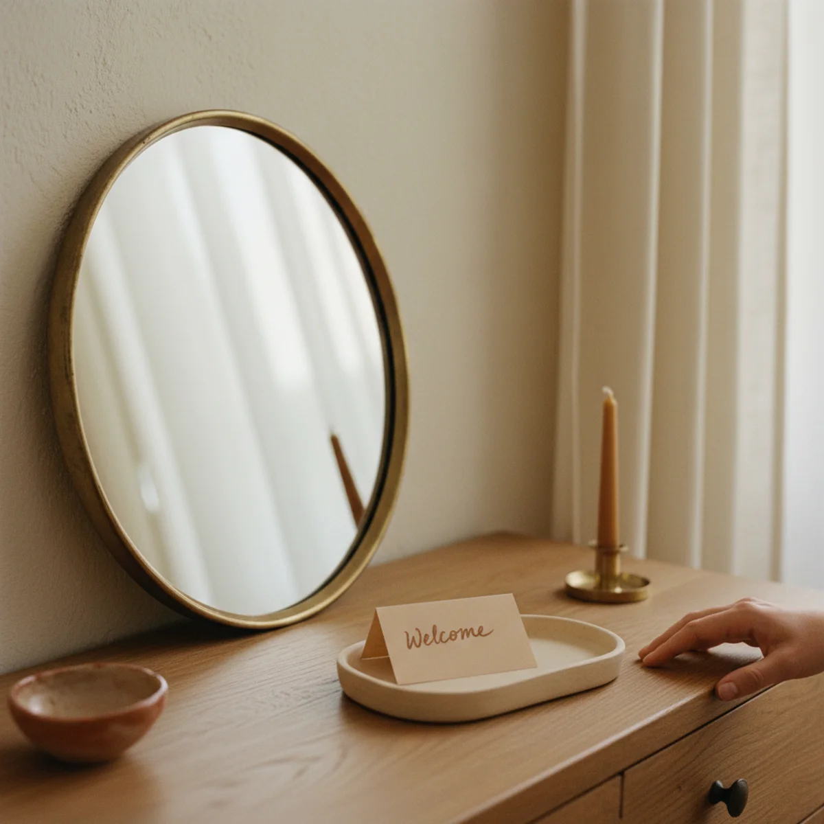 Guest bedroom decor — small framed mirror on guest bedroom wall and handwritten welcome note on the dresser including Wi-Fi password in a warm guest bedroom — Home Decor Aura