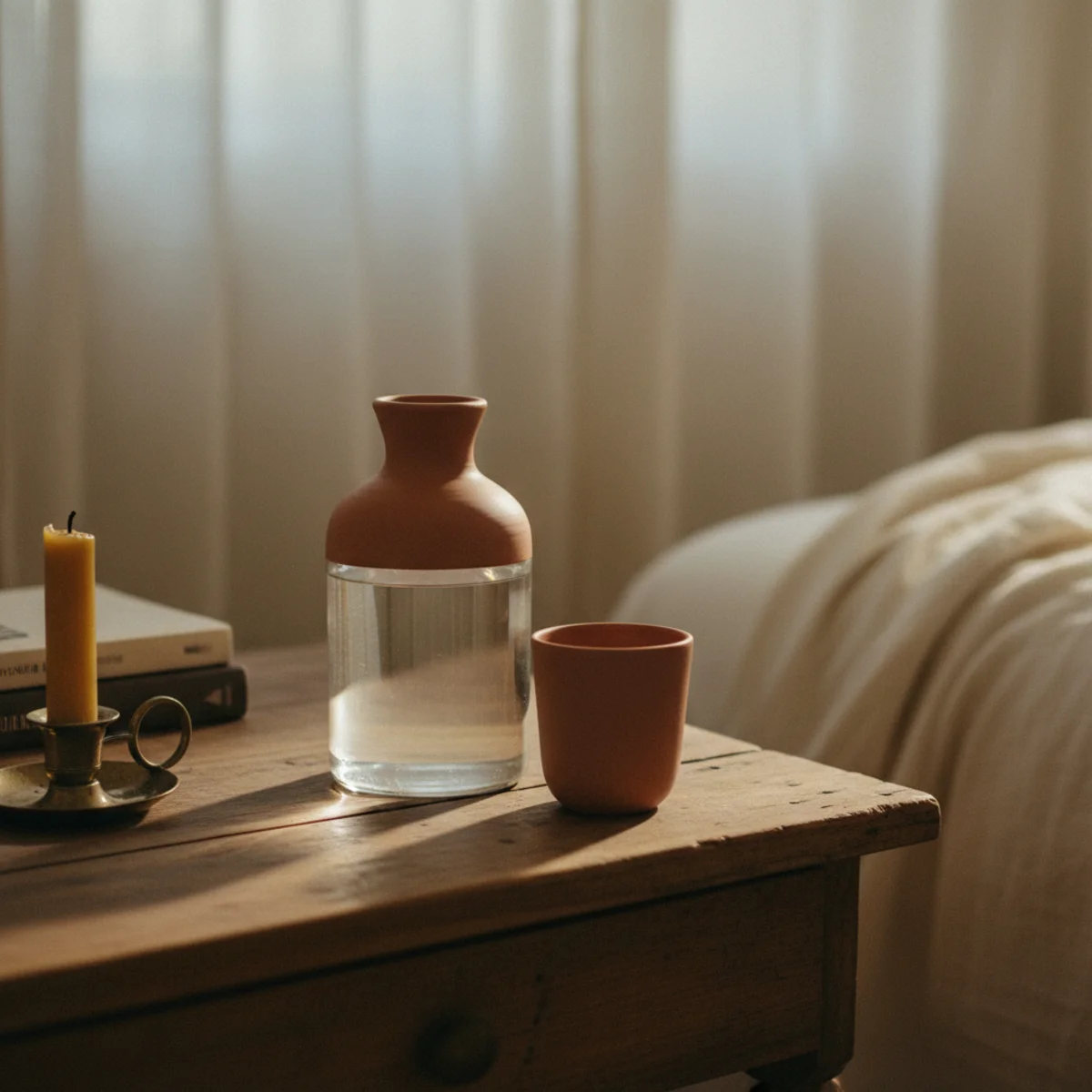Guest bedroom decor — small glass carafe with glass on top filled with filtered water beside a small framed photo on a guest bedside table — Home Decor Aura