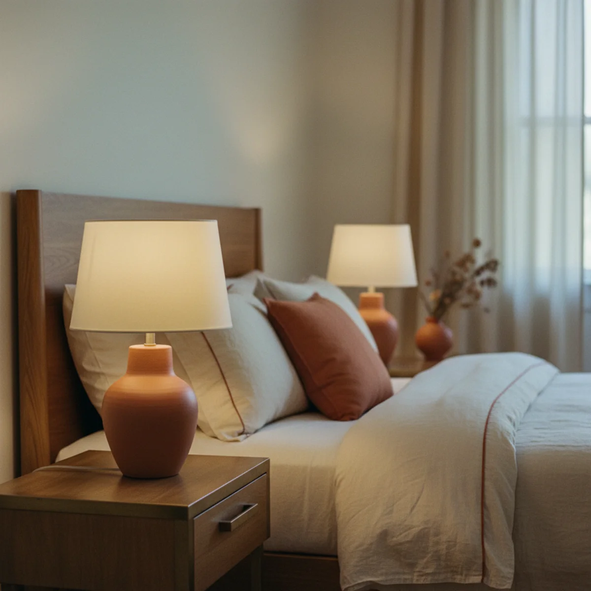 Guest bedroom decor — matched pair of ceramic bedside lamps both glowing warm 2700K beside a layered guest bed in a warm guest bedroom — Home Decor Aura
