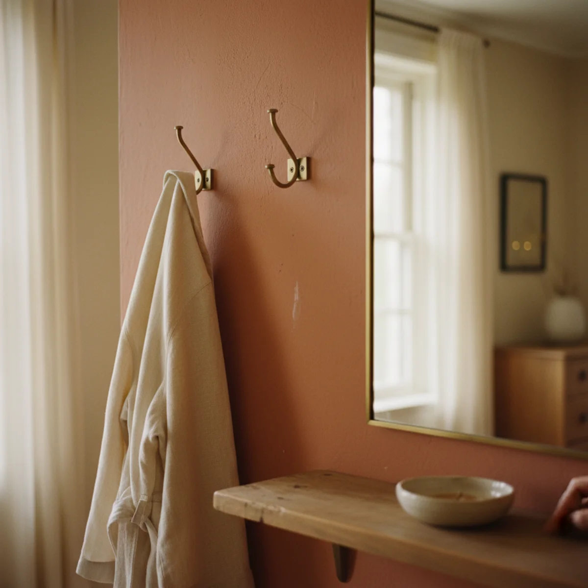 Guest bedroom decor — two aged brass hooks mounted at 62 inches above floor holding a guest's jacket and day bag in a warm guest bedroom — Home Decor Aura