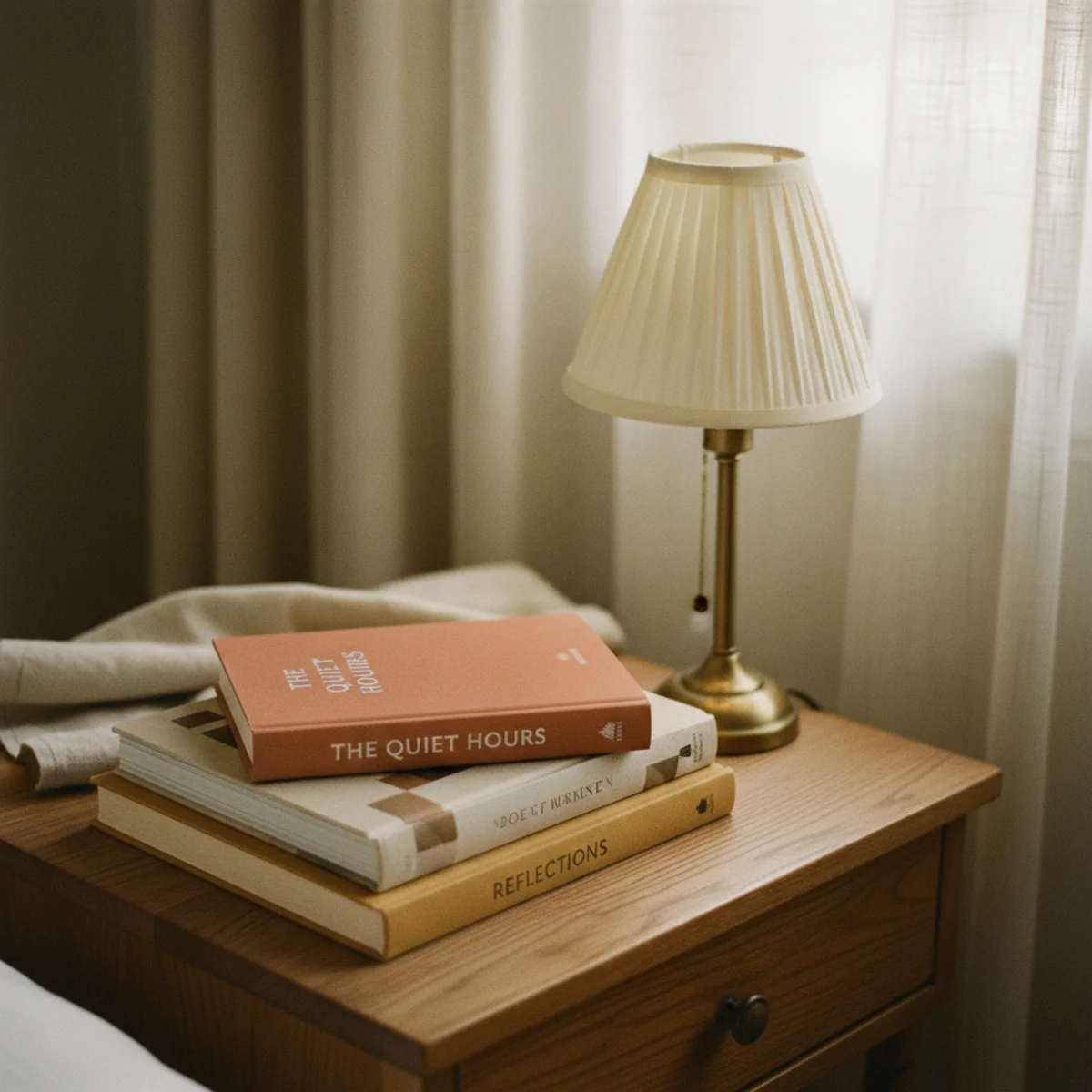 Guest bedroom decor — small stack of four hardcover books and one magazine on a guest bedside table beside a warm 2700K lamp — Home Decor Aura