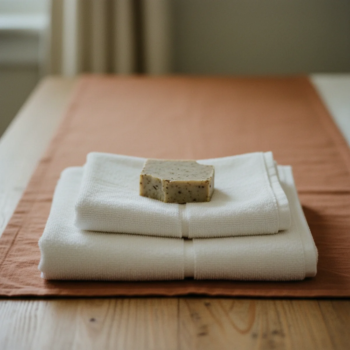 Guest bedroom decor — stack of three cream linen towels folded on a dresser top with small sprig of eucalyptus on top in a warm guest bedroom — Home Decor Aura