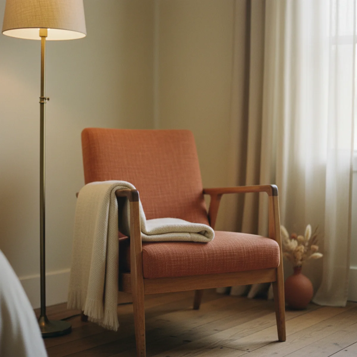 Guest bedroom decor — small worn leather armchair with side table and floor lamp positioned in the corner of a warm guest bedroom — Home Decor Aura