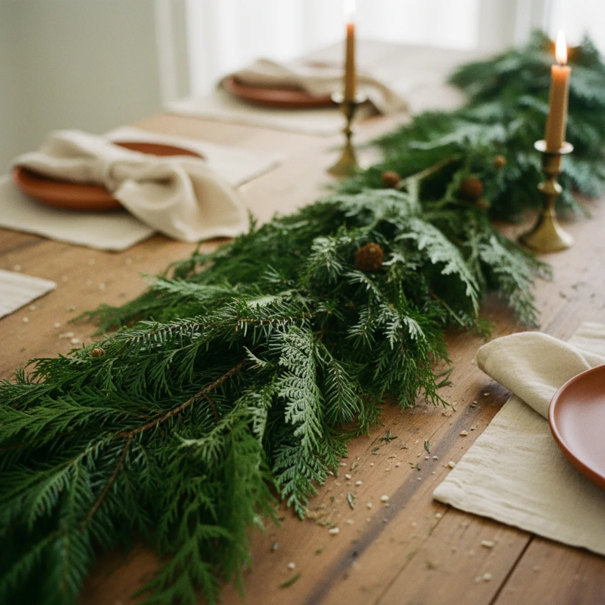 Holiday table decor — dining table with fresh mixed evergreen garland running the full center length with beeswax candles, pinecones, and dried orange slices tucked throughout — Home Decor Aura